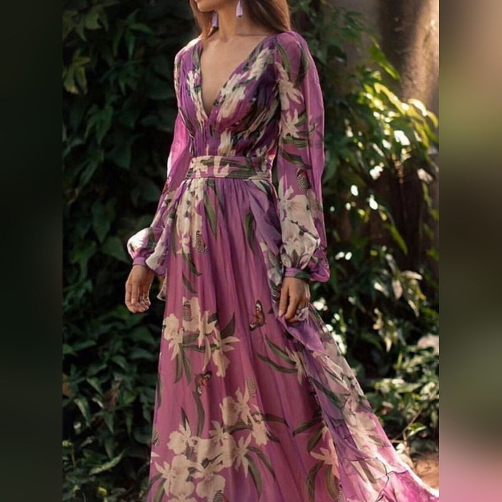 Floral Maxi Dress Purple Full Length Statement Designer Inspired Flowy Dress